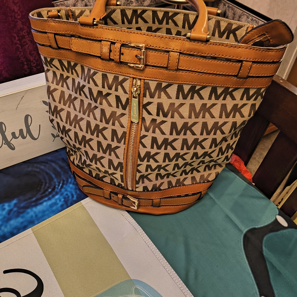 Michael Kors Tan and Brown Monogram Backpack